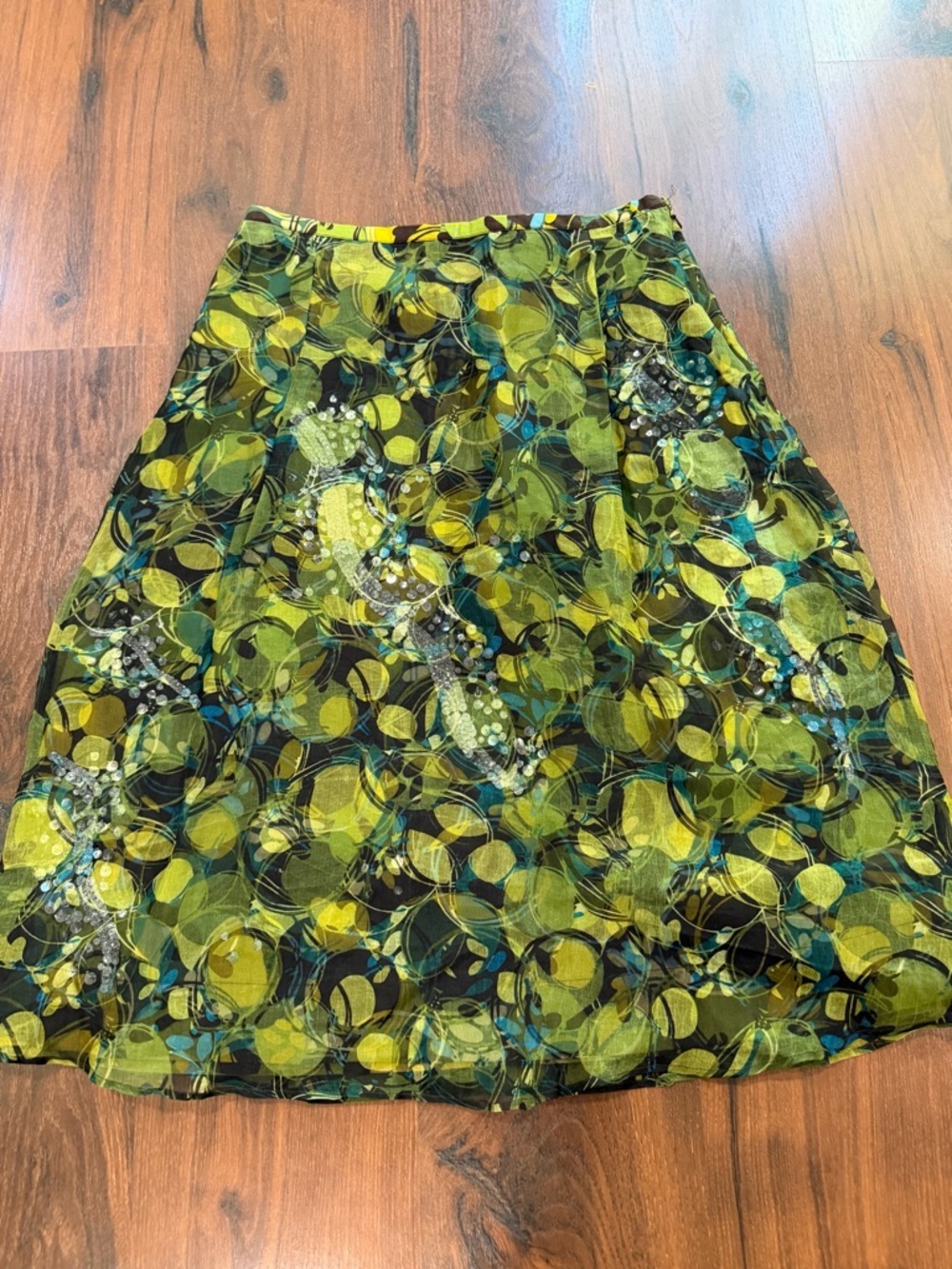 Ideology Midi Skirt Size 4 Bohemian 100% Silk Overlay Sequin Cotton Underlay
